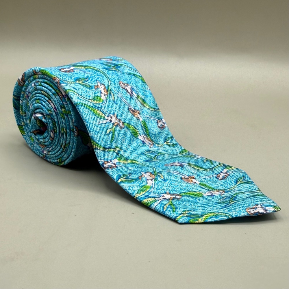 Lilly Pulitzer Necktie Mens OS Mermaid Print Silk Blue Green AOP